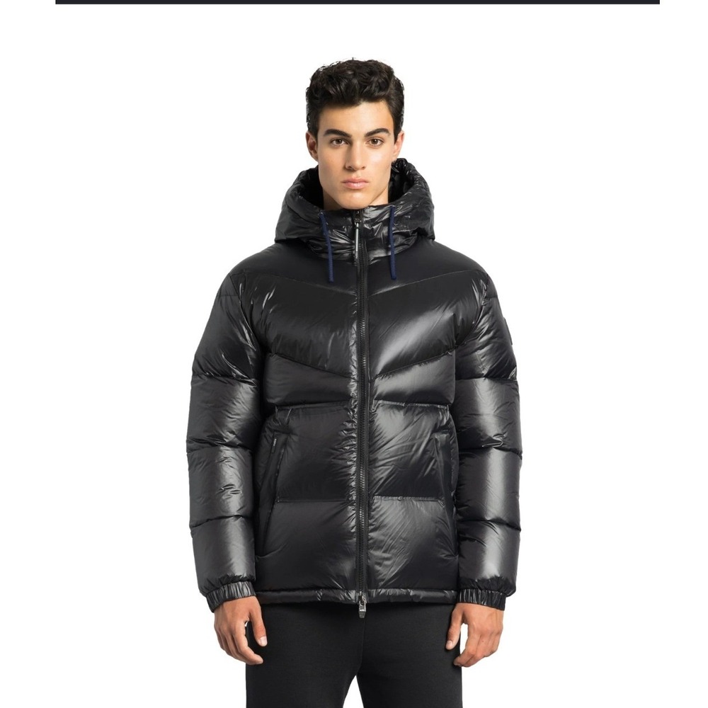 Nobis Dyna Men's Chevron Quilted Puffer Jacket Black Down Hooded Coat- L